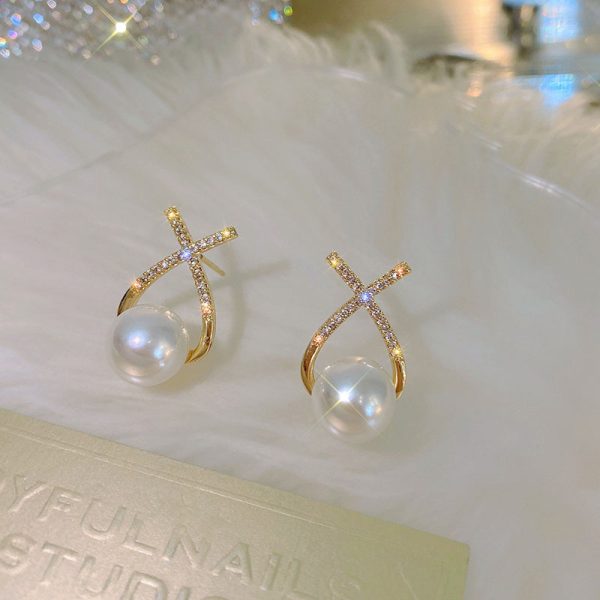 Elegant Cross Pearl Zircon Earings Pearl Stud Earrings Women Personality Fashion Unique Design Earrings | Earrings For Women Fashion | Luxury Look Artificial Earrings | Women Earrings